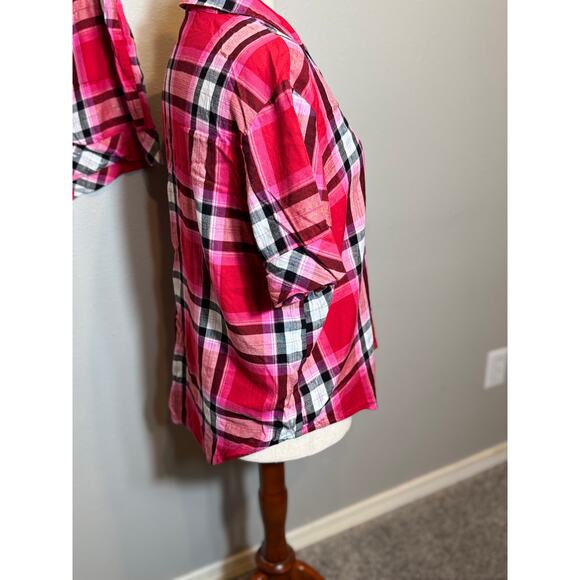 Victoria's Secret flannel pajama set pink black plaid shorts & button top Sz L - Picture 4 of 10
